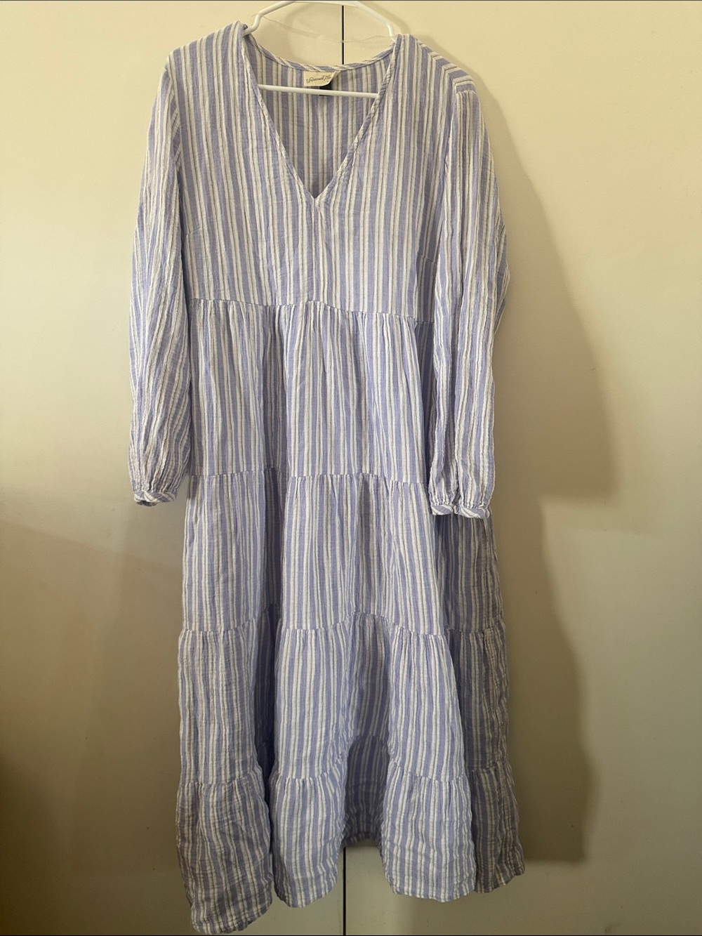 Light Blue & White Striped V-Neck Tiered Maxi Dress